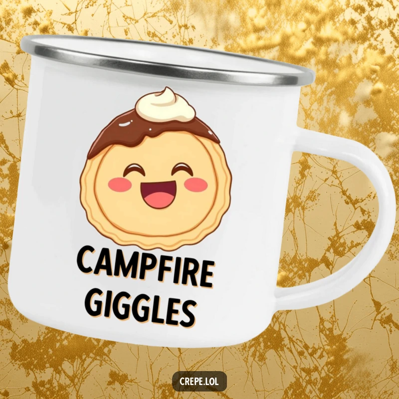 Funny camping mug featuring a happy chocolate crepe with a wide mouth giggling, with frosting details, for outdoor fun.
