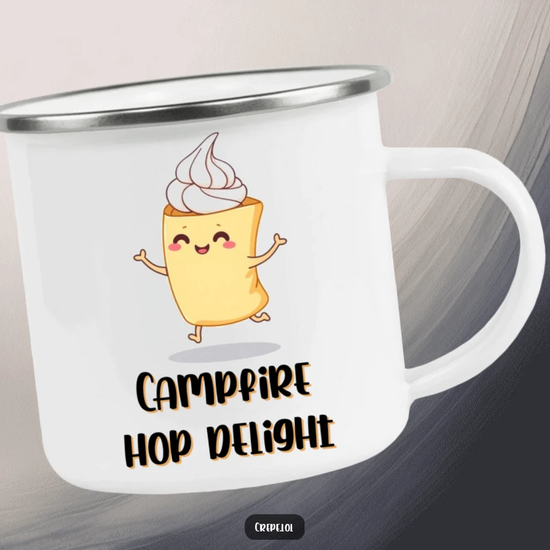 Funny camping mug with a hopping crepe and whipped cream, ideal for enjoying drinks outdoors with a cheerful and humorous design.