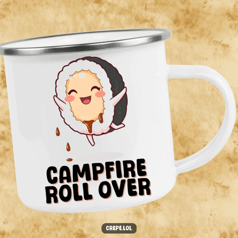Funny Sushi Camping Mug: A smiling sushi roll doing a cartwheel, ready for outdoor fun.