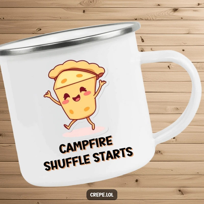 Funny pie character camping mug doing a silly dance, perfect for outdoor enthusiasts.
