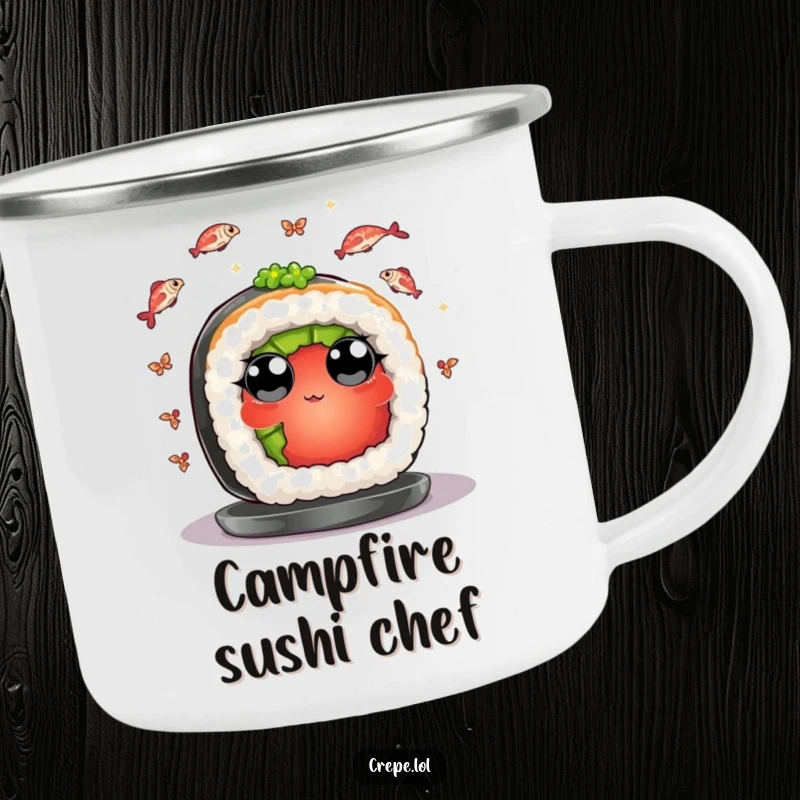 Funny camping mug showing a sushi piece juggling fish, ideal for outdoor meals and humorous vibes.
