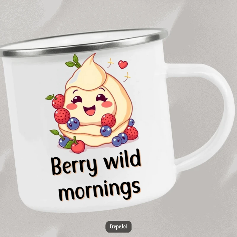 Funny camping mug with a happy crepe and twirling berries, ready for outdoor enjoyment.