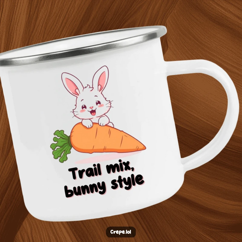 Funny fluffy bunny hopping over a giant carrot, printed on a durable and humorous camping mug.