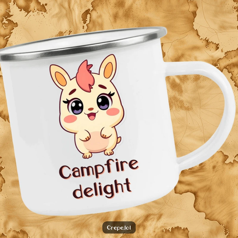 Funny camping mug showing a churro character with wide, happy eyes, looking surprised and ready for adventure.