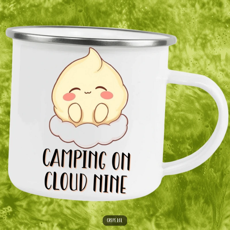 Funny camping mug featuring a happy crepe character floating on a cloud, eyes closed and humming, ideal for serene outdoor sipping.