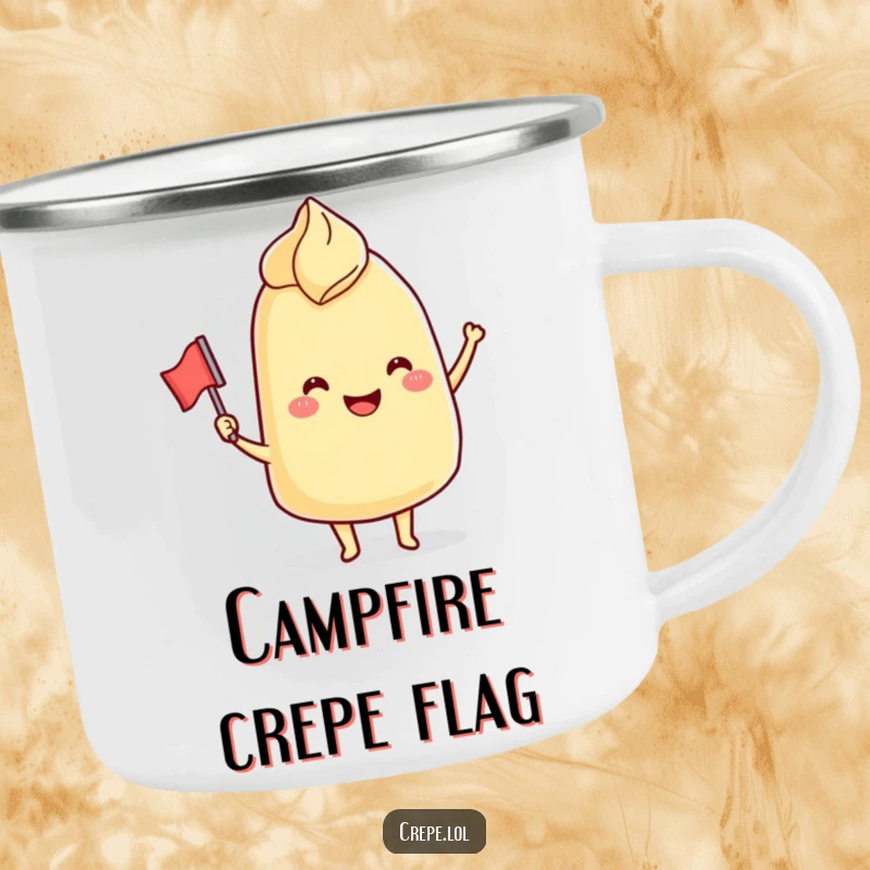 Funny Camping Mug: A smiling crepe character waving a tiny flag, perfect for enjoying drinks outdoors with a cheerful, foodie touch.