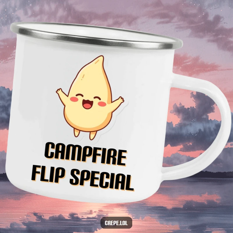 Funny camping mug with a happy crepe gracefully flipping in the air, ready for outdoor enjoyment.