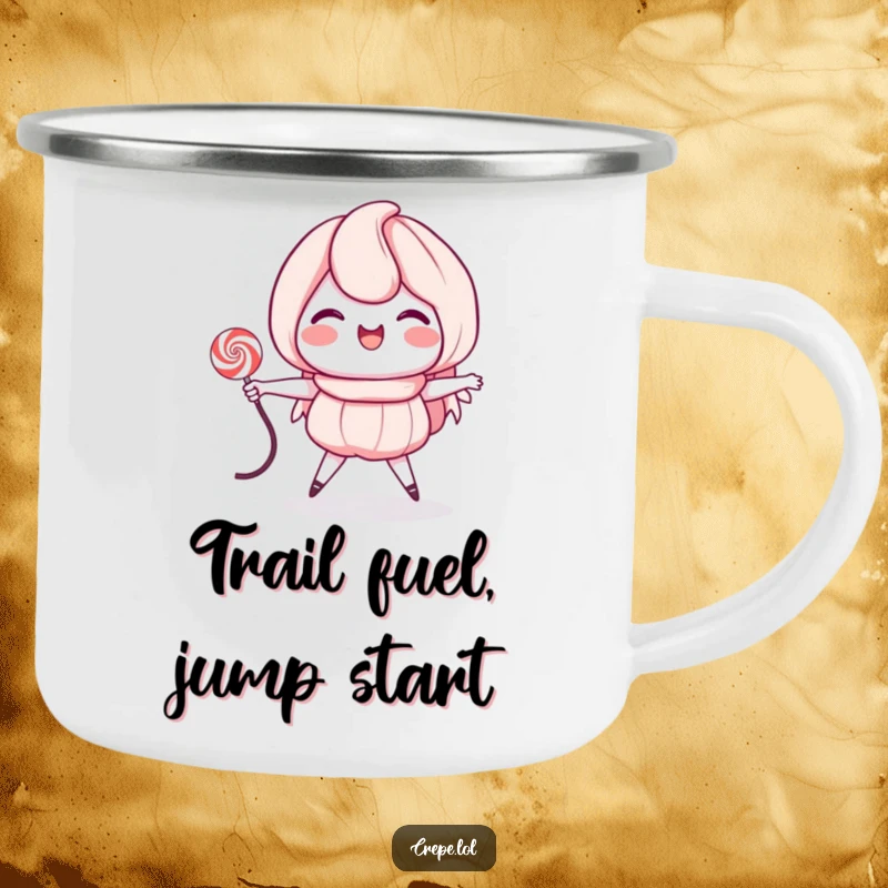 Funny camping mug featuring a grinning crepe character energetically jumping rope with a licorice string, ideal for outdoor adventures.