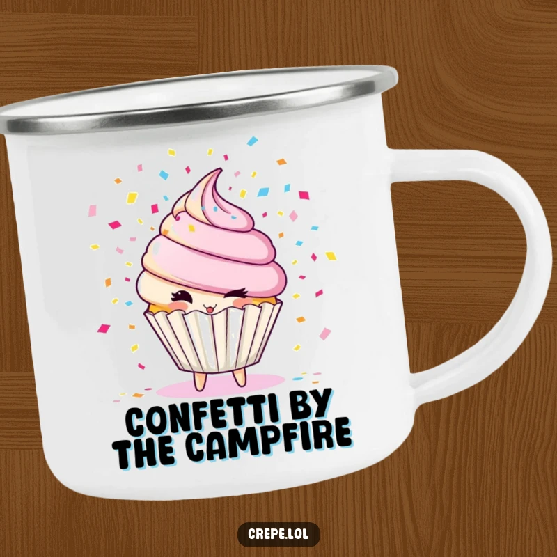 Funny cupcake character camping mug, winking and blowing confetti, adding festive fun to outdoor sips.