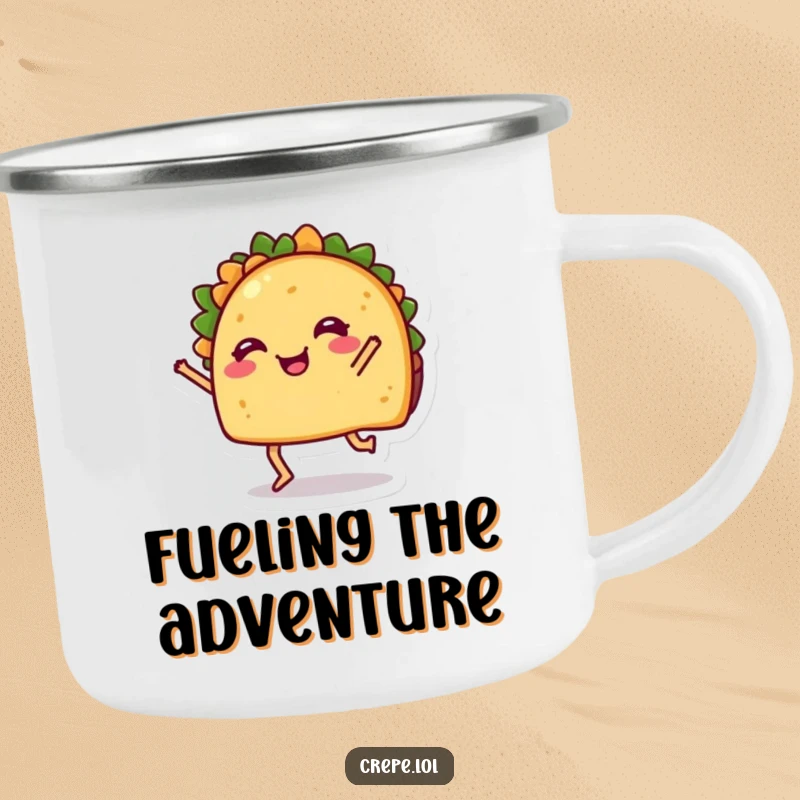 Funny Camping Mug: A cheerful taco with legs dancing, designed for outdoor use with a fun, fiesta theme.