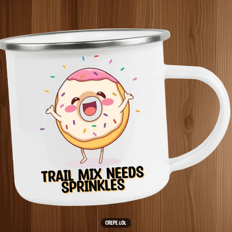 Funny donut camping mug with a gleeful dancing character and flying sprinkles, perfect for outdoor adventures and humorous sipping.