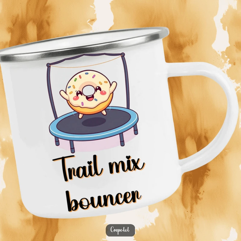 Funny donut with sprinkles bouncing on a trampoline, designed for outdoor fun on a sturdy camping mug.