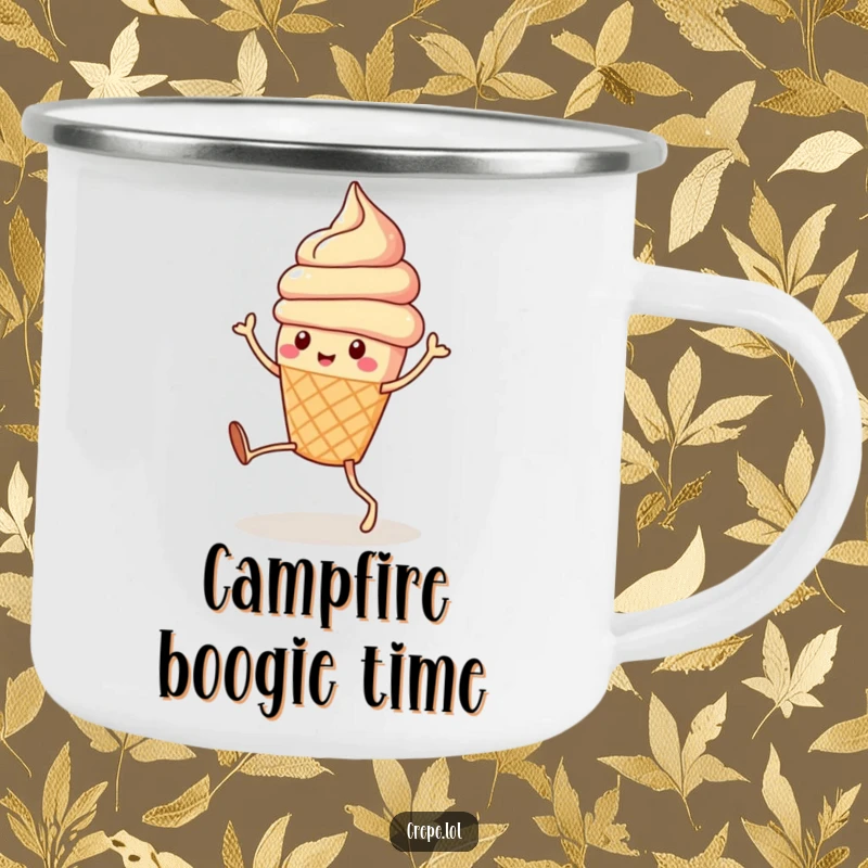 Funny cute ice cream cone with legs dancing, designed for outdoor fun on a sturdy camping mug.