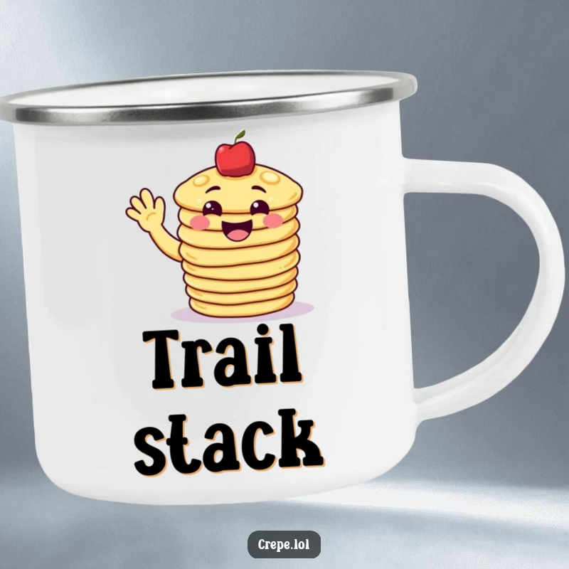 Funny pancake camping mug featuring a grinning stack of pancakes waving hello, ready for cheerful outdoor enjoyment.