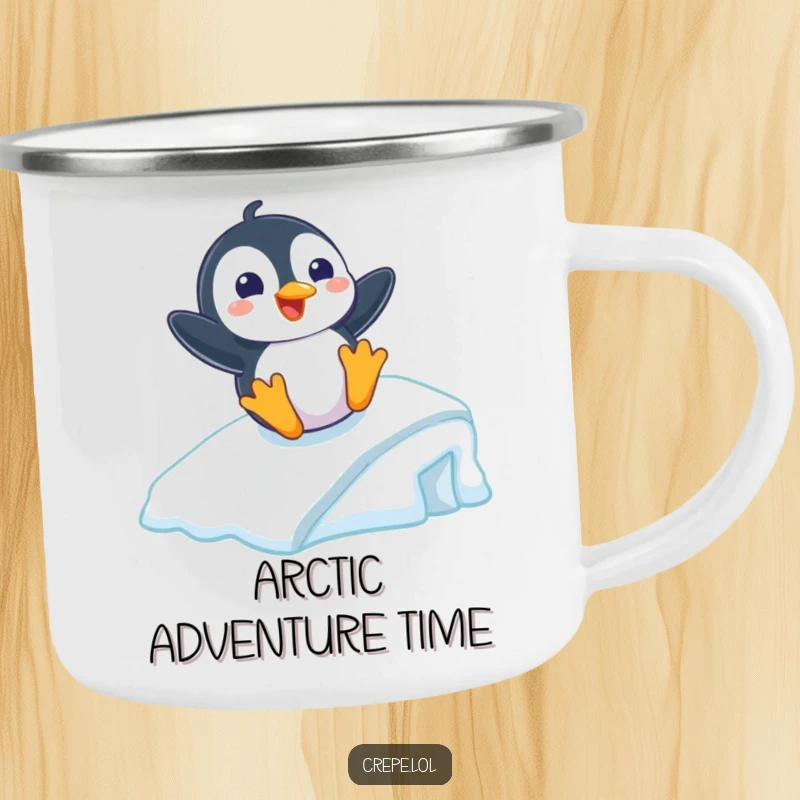 Funny camping mug showing a playful penguin with a grin sliding down an icy ramp, perfect for winter camping.