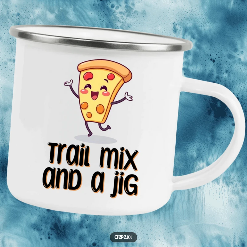 Funny pizza slice character camping mug, dancing with glee, designed for outdoor adventures and humor.