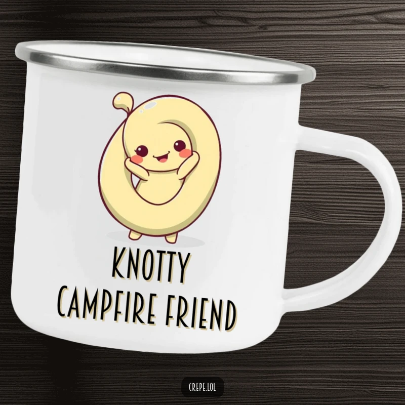 Funny Pretzel Pose Camping Mug showing a silly pretzel in a bendy pose, perfect for enjoying nature with a smile.