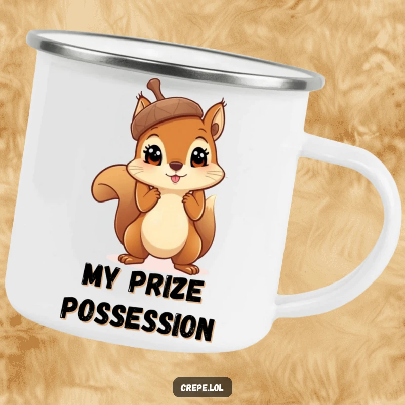 Funny squirrel with big eyes holding a massive acorn aloft, printed on a durable and humorous camping mug.