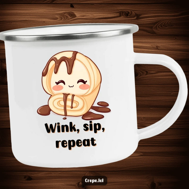 Funny camping mug with a winking chocolate crepe, perfect for hot beverages during outdoor adventures, durable and humorous.