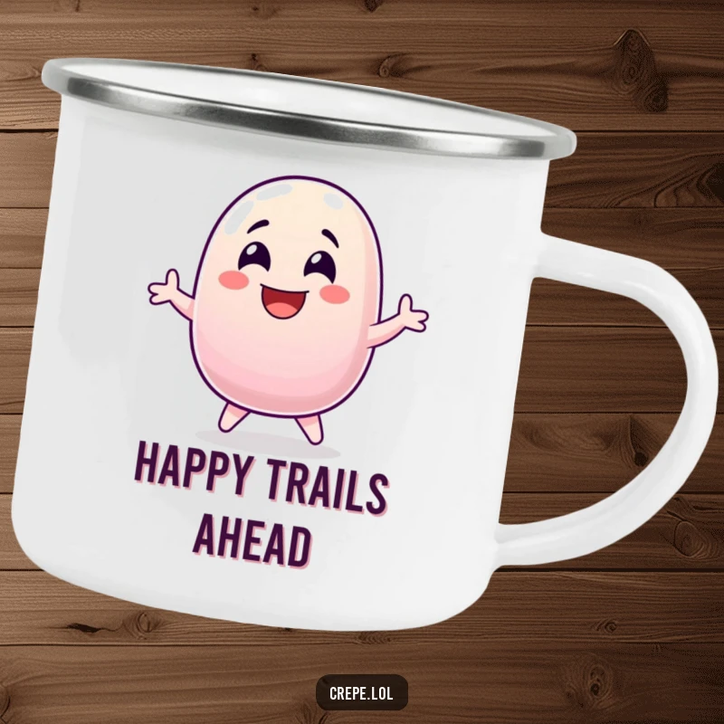 Funny jellybean laughing and jumping with wide eyes, printed on a sturdy camping mug.