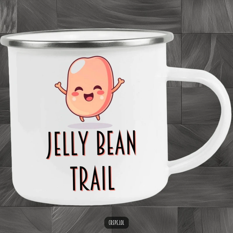 Funny camping mug showing a wobbly jelly bean in a joyful bounce, durable and perfect for on-the-go refreshment.