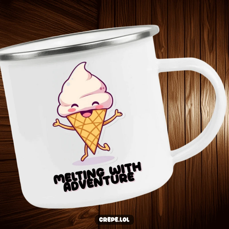 Funny Ice Cream Dance Camping Mug showing a grinning ice cream cone happily dancing, perfect for enjoying the outdoors with a smile.