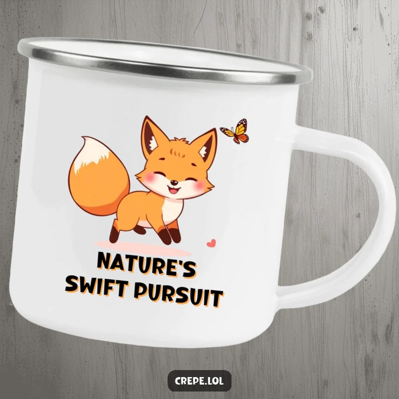 Funny fox with a bushy tail playfully chasing a butterfly, printed on a durable and humorous camping mug.