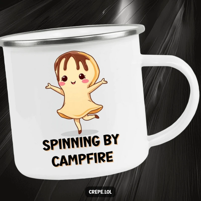 Funny camping mug featuring a chocolate-drizzled crepe performing a charming pirouette, perfect for enjoying drinks in the wild.