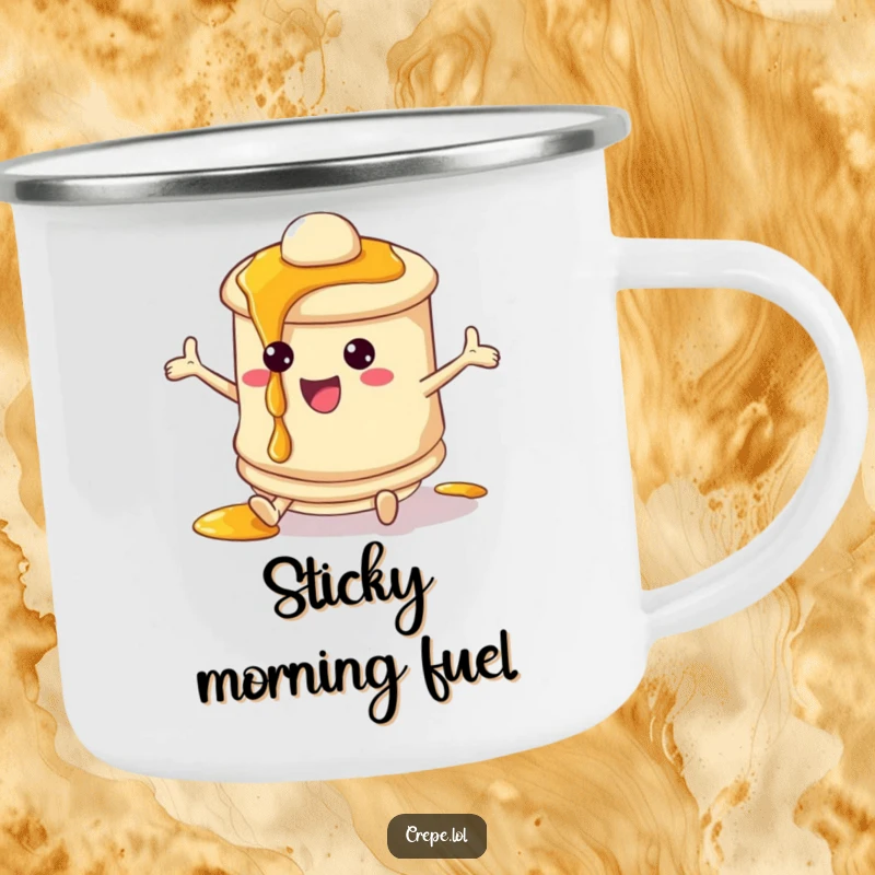 Funny pancake camping mug featuring a bouncing character with dripping syrup, perfect for outdoor enthusiasts.