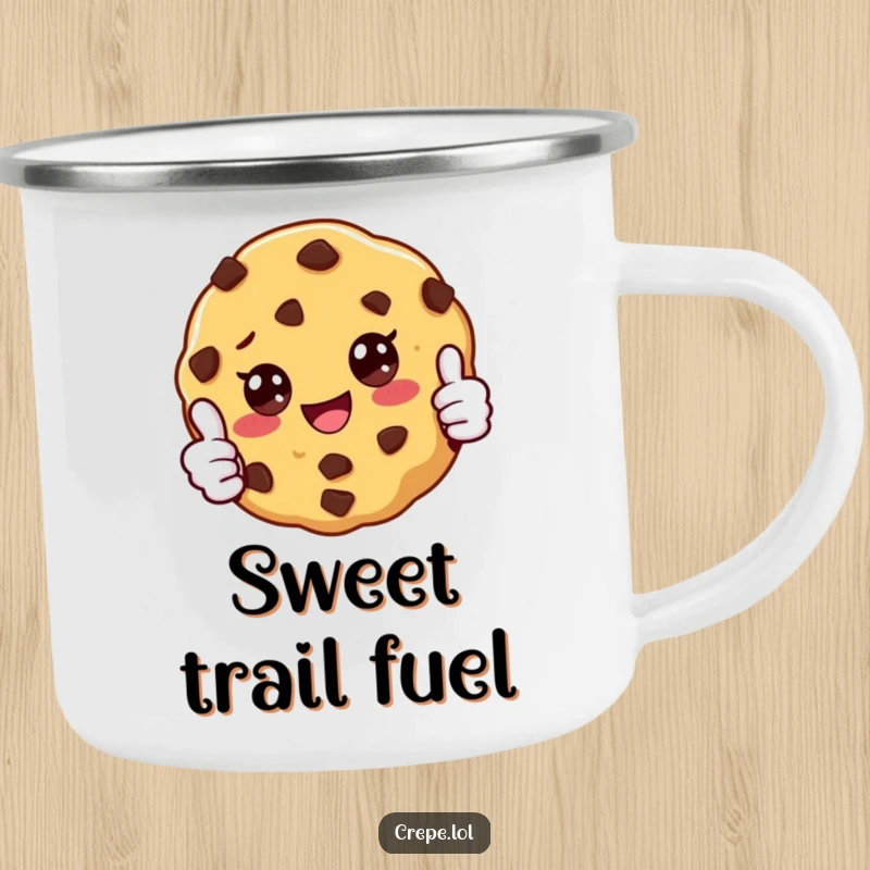 Funny and durable enamel camping mug with a smiling chocolate chip cookie giving a thumbs up, perfect for outdoor adventures.