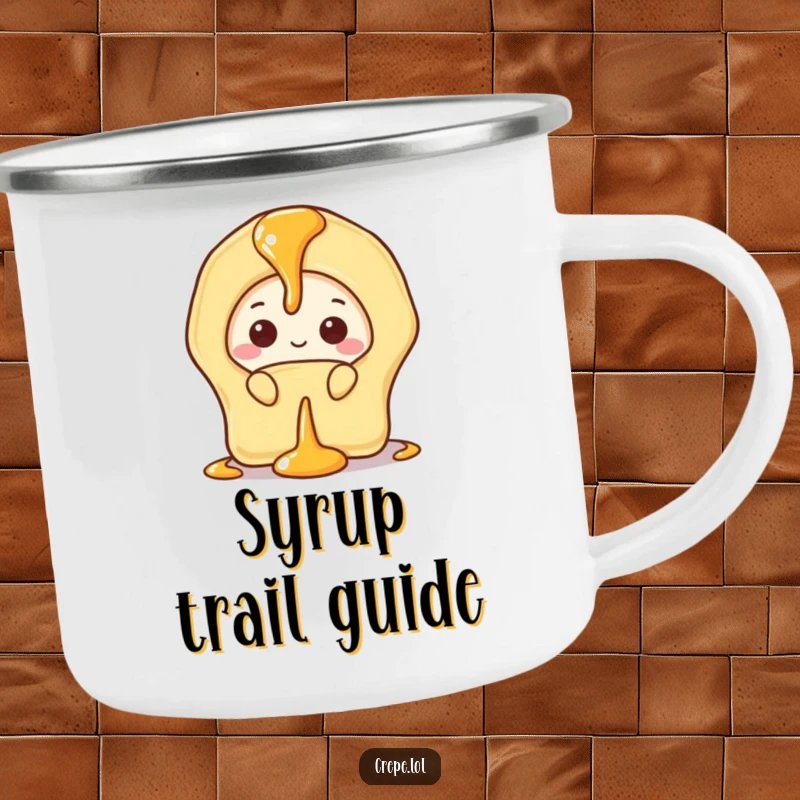 Funny camping mug featuring a shy banana crepe peeking from behind syrup, perfect for peaceful outdoor enjoyment.