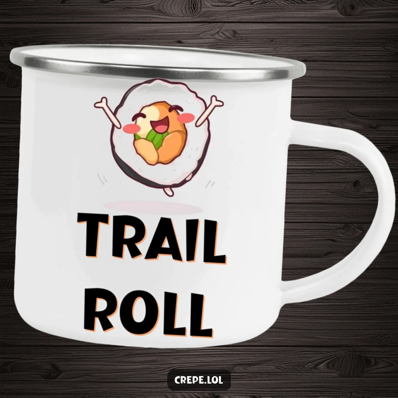 Funny sushi roll cartwheel camping mug, showing a delighted character doing a cartwheel, designed for outdoor fun and humorous coffee breaks.