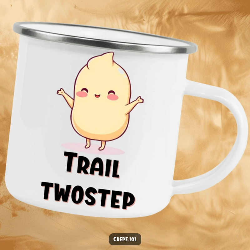 Funny camping mug featuring a wobbly plain crepe with tiny legs doing a silly dance, perfect for camp vibes.