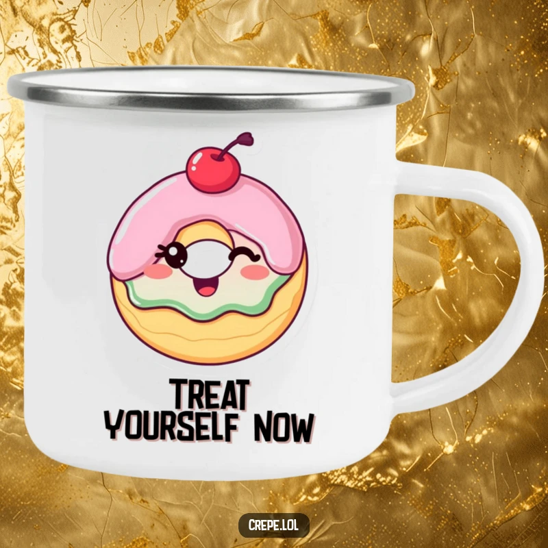 Funny Camping Mug: A delighted donut winking, designed for outdoor use with a sweet and humorous theme.