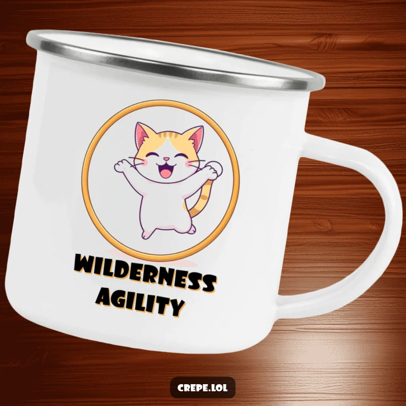 Funny camping mug showing a happy cat with wagging tail jumping through a hoop, ideal for outdoor enthusiasts.