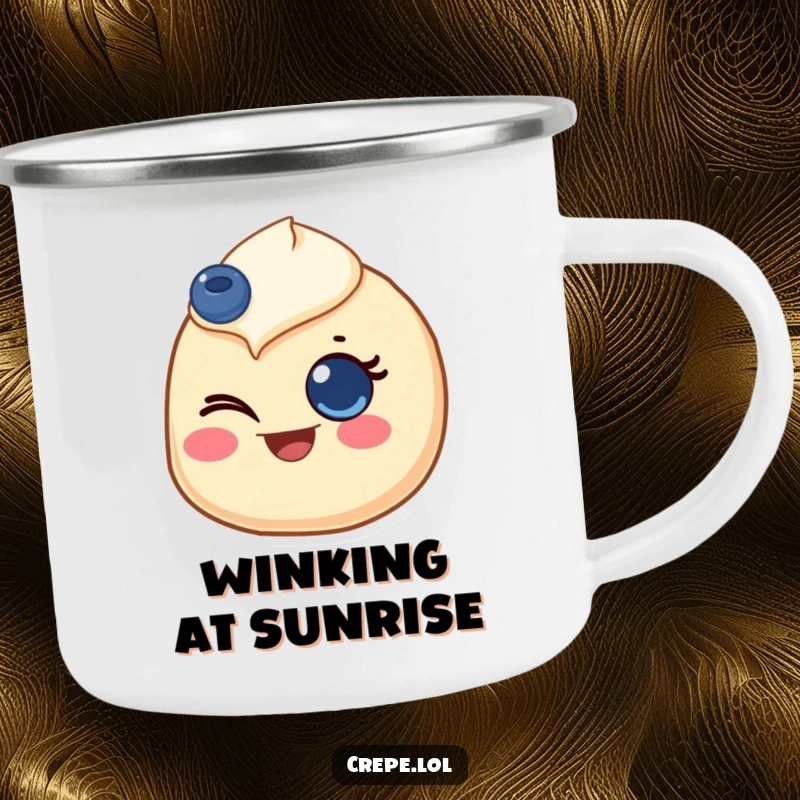 Funny camping mug featuring a crepe with a blueberry eye, giving a joyful wink, perfect for enjoying drinks in nature.