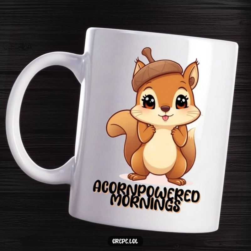 Funny curious squirrel with big eyes proudly holding a massive acorn up high, a humorous scene on a mug.
