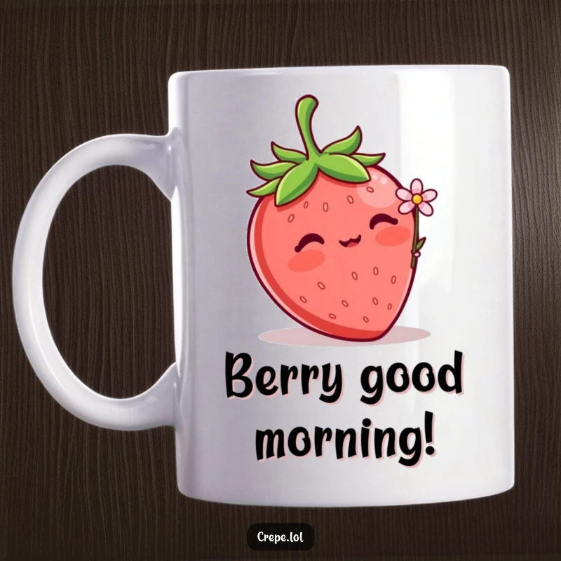 Funny Strawberry Flower Mug showing a cute, blushing strawberry extending a tiny flower with a shy smile.