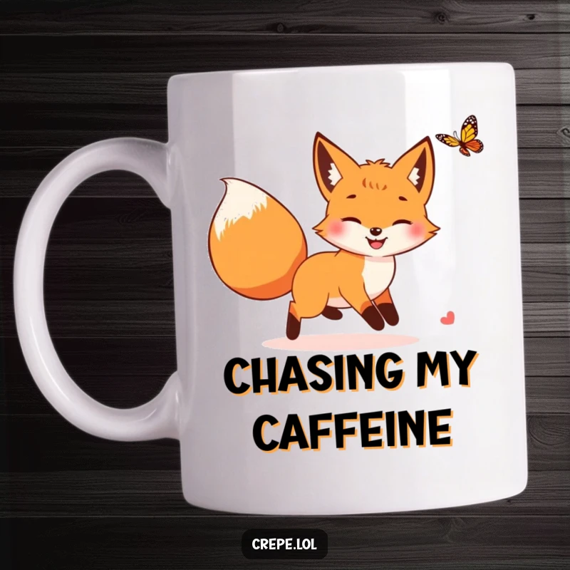 Funny smiling fox with a bushy tail playfully chasing a colorful butterfly, a whimsical scene on a mug.