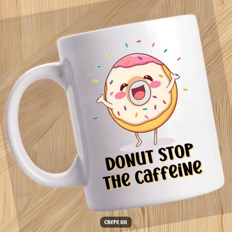 Funny donut mug featuring a gleeful character doing a silly dance with sprinkles flying, perfect for dessert lovers and gift-givers.