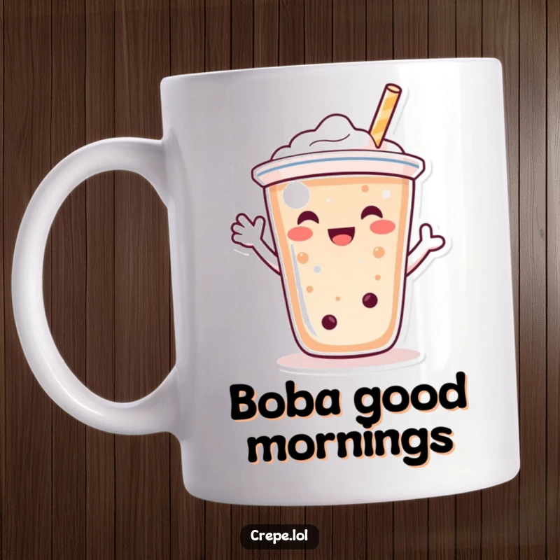 Funny bubble tea character mug, happily waving with its straw, bringing cheerful greetings and humor.