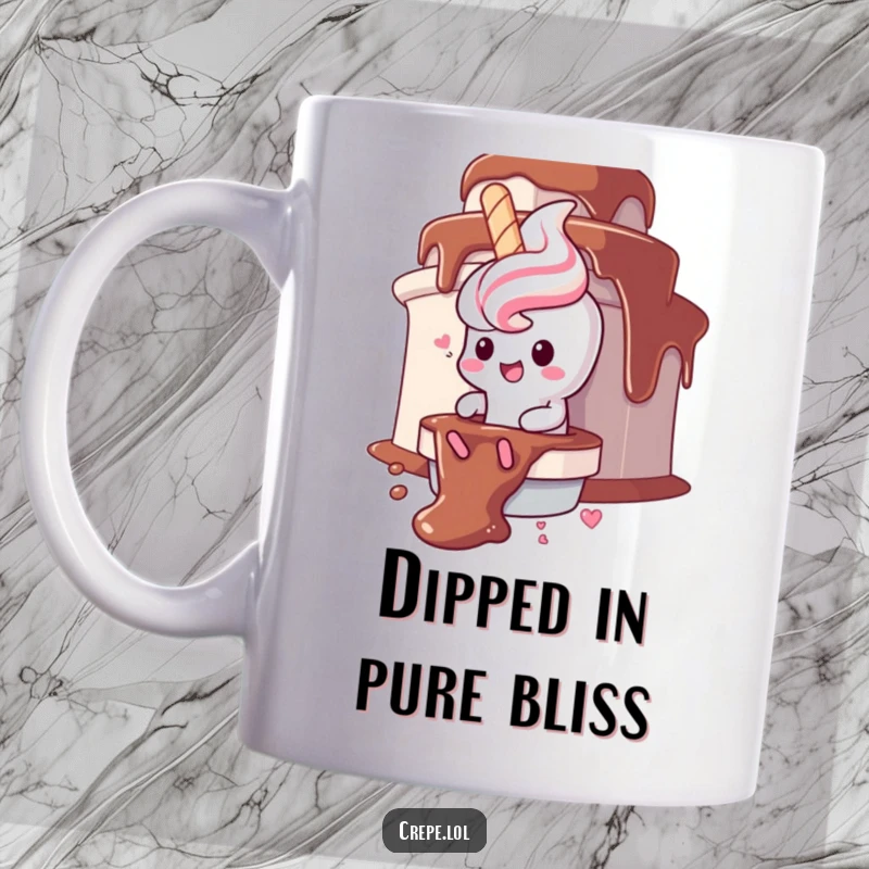 Funny churro character mug, gleefully sliding down a chocolate fountain, bringing sweet indulgence humor.