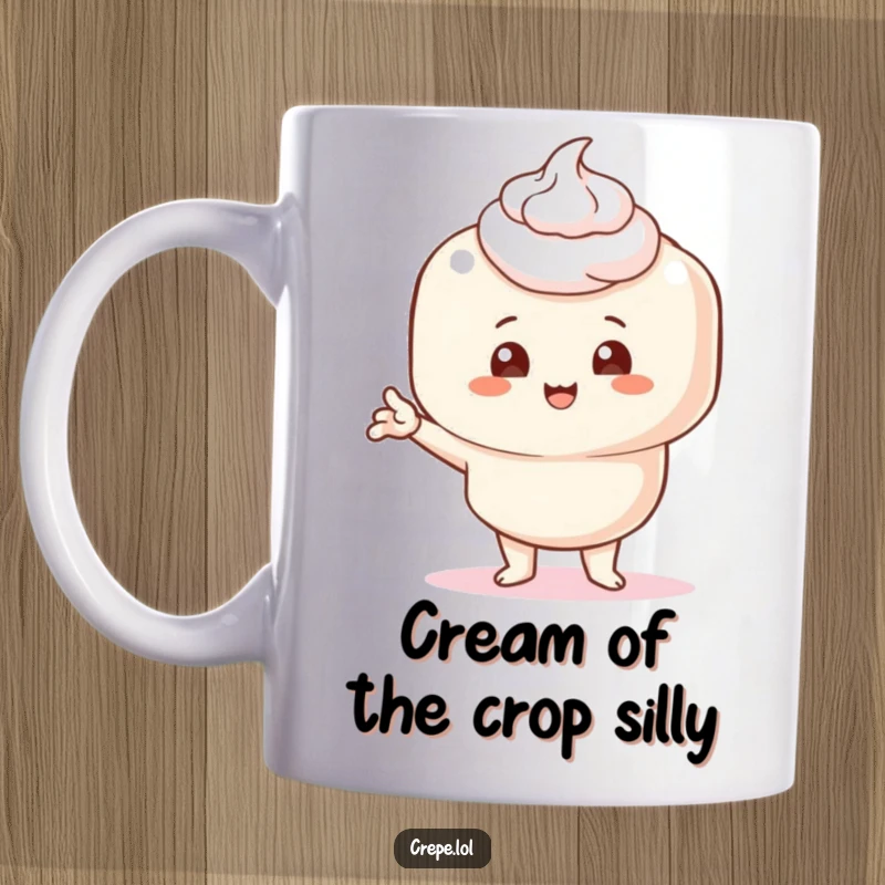 Funny mug showcasing a crepe with a dollop of cream, striking a hilarious and comical pose with a mischievous expression.