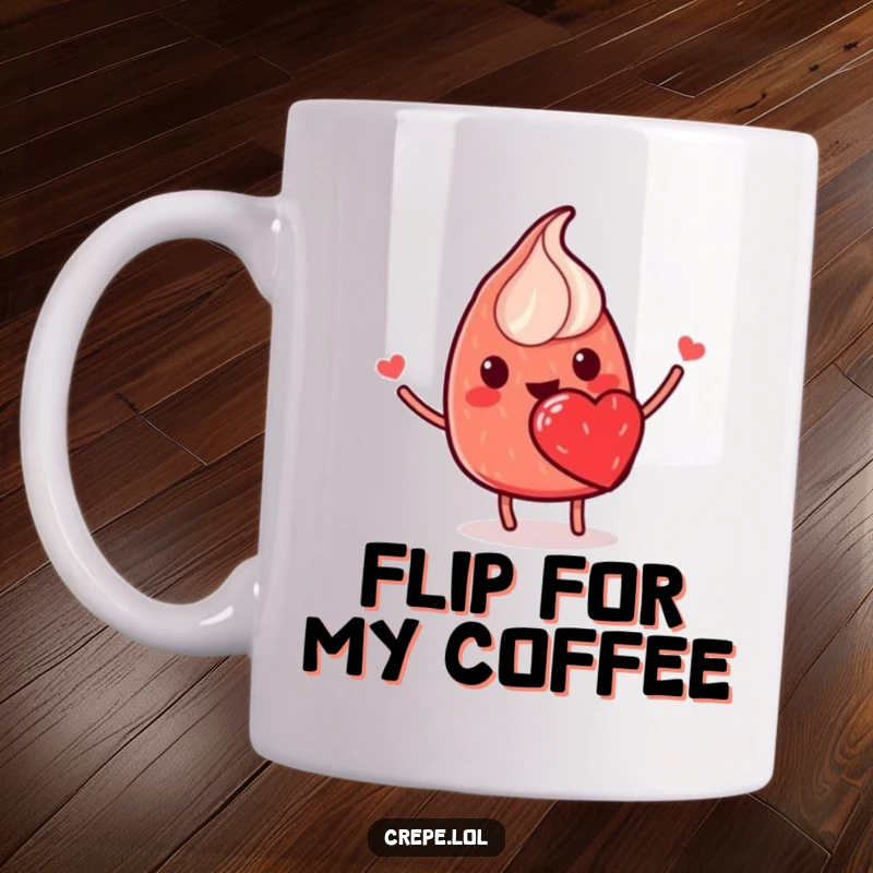 Funny mug showing a smiling red crepe with a strawberry heart, performing a joyful flip, full of sweet energy.
