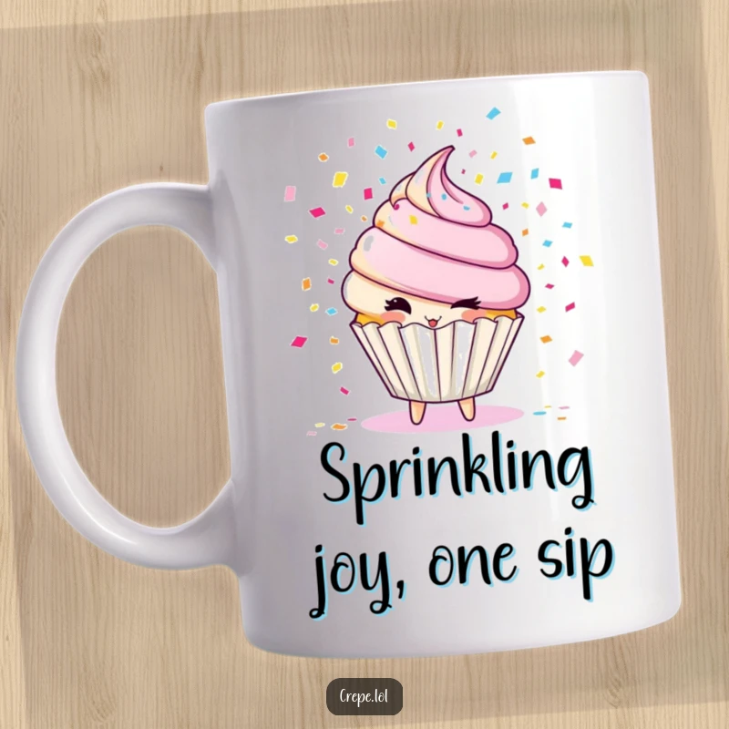 Funny cupcake character mug, winking and blowing colorful confetti, adding a festive and humorous touch.
