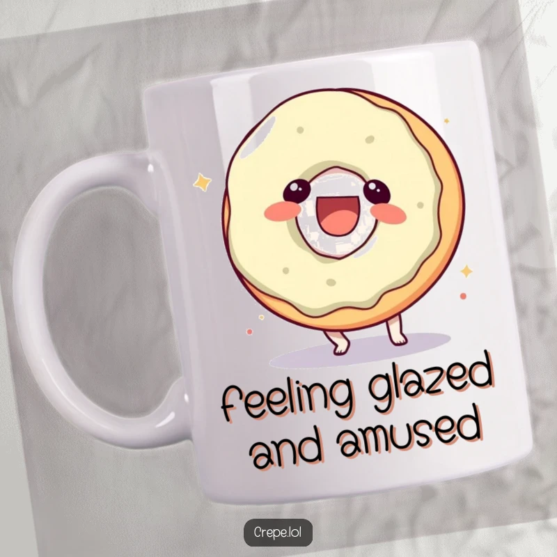 Funny donut character mug, captured mid-somersault with a big laugh, bringing sweet humor to your hands.