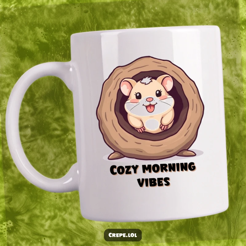 Funny mug showing a happy hamster with rosy cheeks peeking out from the entrance of a hollow log.