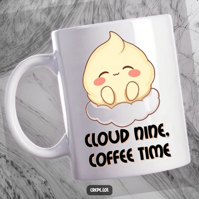 Funny mug featuring a happy crepe character with eyes closed, humming contentedly while floating peacefully on a fluffy cloud.