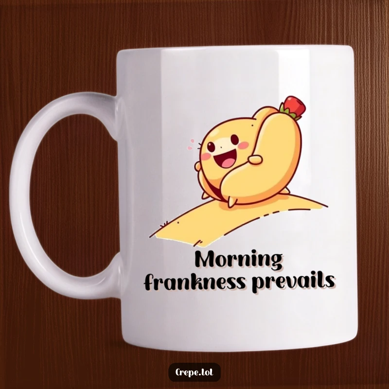 Funny mug depicting a smiling hot dog rolling down a hill with pure joy. A humorous and fun kitchen accessory.