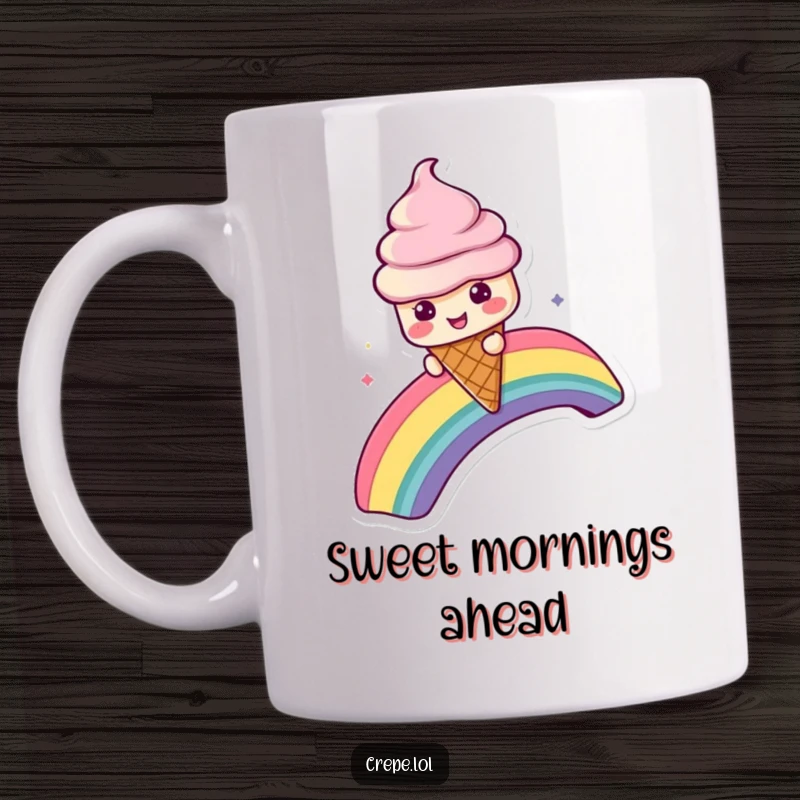 Funny mug featuring a playful ice cream cone character joyfully sliding down a vibrant, colorful rainbow.